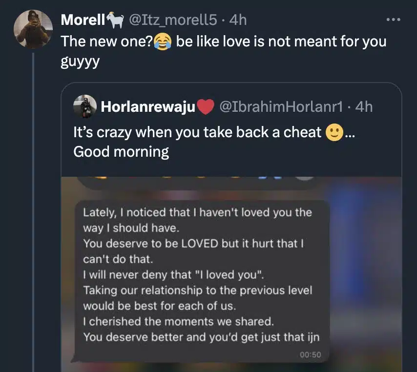 Man in pain as cheating girlfriend dumps him, returns to her ex