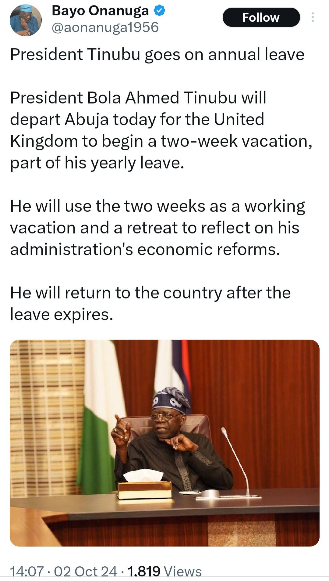 Tinubu to return to the UK for annual leave